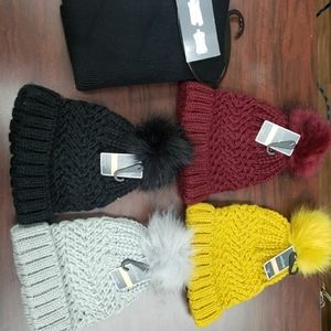 Winter Bundle,4 beanie pompom hats, black, gray, mustard yellow. Mutli use scarf